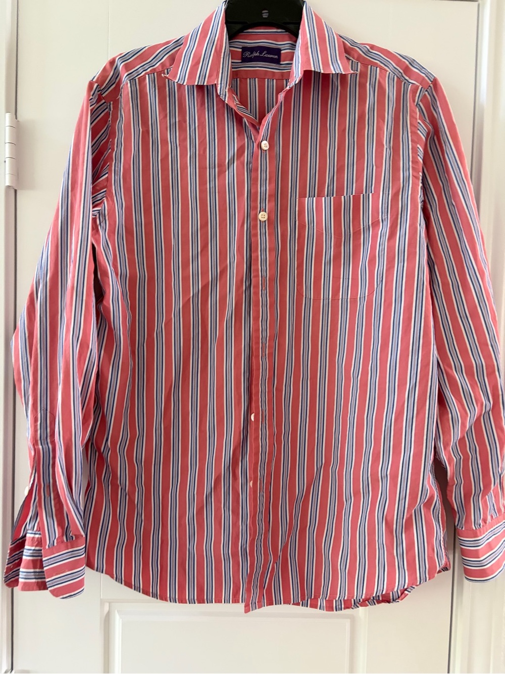 Ralph Lauren Coral and Navy Vertical Stripe Dress Shirt